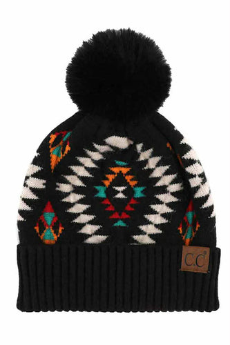 Aztec Patterned Faux Fur Pom CC Beanie Adult