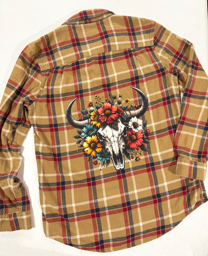 Western Cow Skull Upcycled Flannel - Size M