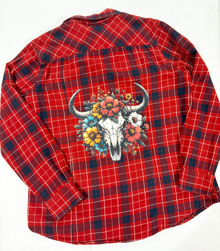 Western Cow Skull Upcycled Flannel - Size L
