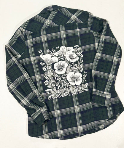 Floral Linocut Upcycled Flannel - Size S