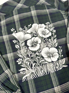 Floral Linocut Upcycled Flannel - Size S
