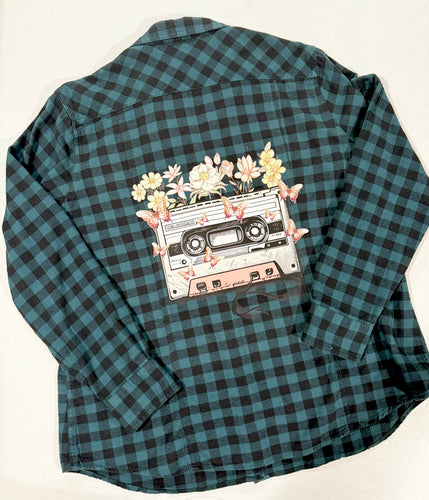 Retro Floral Cassette Tape Upcycled Flannel - Size XL