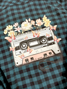 Retro Floral Cassette Tape Upcycled Flannel - Size XL