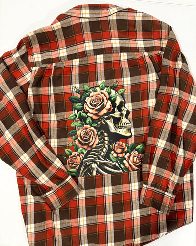 Floral Skeleton Upcycled Flannel - Size 2XL