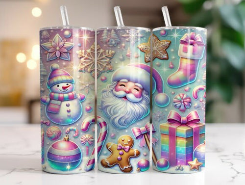 Pink Holographic Santa Christmas Skinny Tumbler