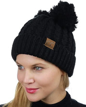 Load image into Gallery viewer, Cable Knit Solid Double Pom CC Beanie Adult